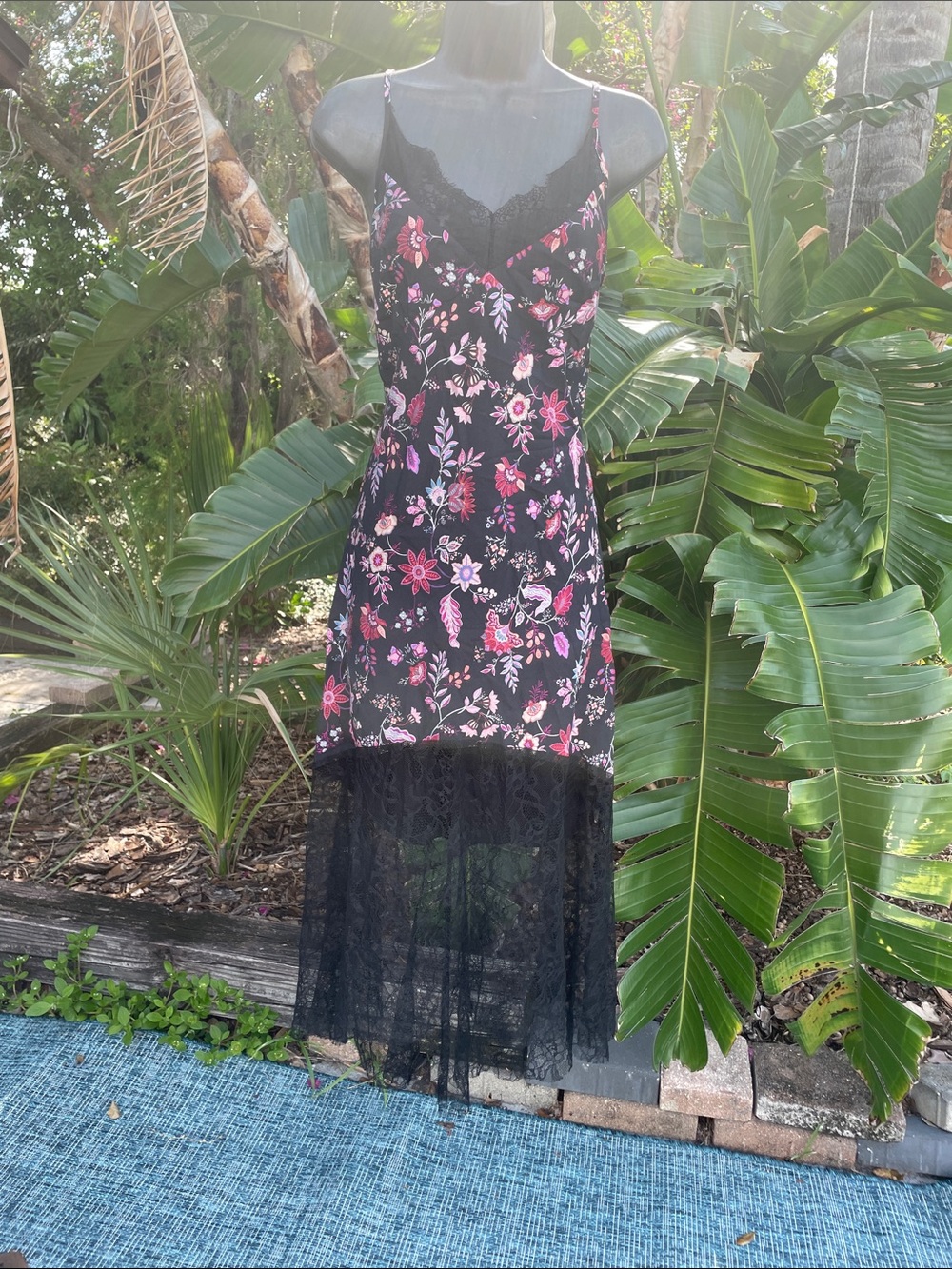 lace trim, dark floral, high low slip dress